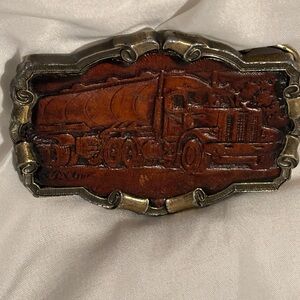Vintage Truck Semi Belt Buckle with leather inlay by Great American Buckle Co